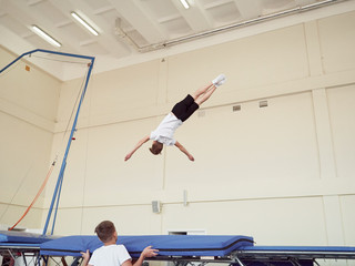 GOMEL, BELARUS - NOVEMBER 30, 2018: training and athletes on the trampoline.