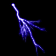  Isolated realistic violet electrical lightning strike visual effect on black night background. Energy change. 