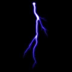  Isolated realistic violet electrical lightning strike visual effect on black night background. Energy change. 