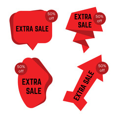 Set of four red extra sale stickers with text