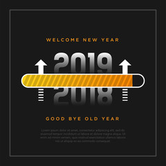 Happy New Year 2019 card theme. yellow loading time button with arrow on black background