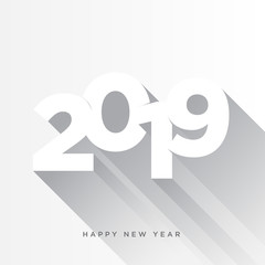 Happy New Year 2019 card theme. gray long shadow on white background
