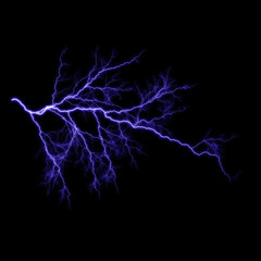  Isolated realistic violet electrical lightning strike visual effect on black night background. Energy change. 