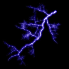  Isolated realistic violet electrical lightning strike visual effect on black night background. Energy change. 