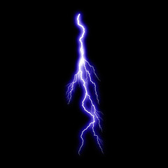  Isolated realistic violet electrical lightning strike visual effect on black night background. Energy change. 