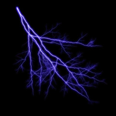  Isolated realistic violet electrical lightning strike visual effect on black night background. Energy change. 