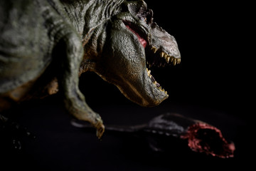 tyrannosaurus in front of a dinosaur body on dark background