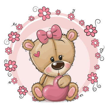 Cute Cartoon Teddy Bear girl with heart and flowers