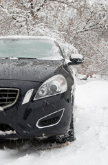 Car stuck in the snow, close-up.