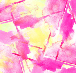 Watercolor pink yellow background, blot, blob, splash of pink, yellow paint. Watercolor yellow  spot, abstraction. Abstract art illustration, scenic background. Abstract artistic frame.