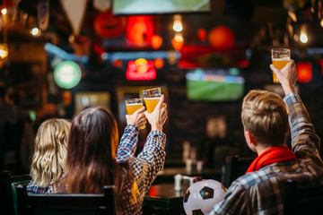 Group of football fans watching match in sport bar