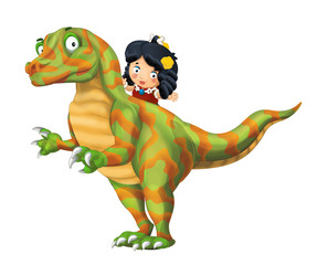 cartoon happy scene with caveman woman on dinosaur velociraptor on white background - illustration for children