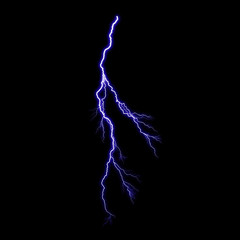 Obraz premium Isolated realistic violet electrical lightning strike visual effect on black night background. Energy change. 