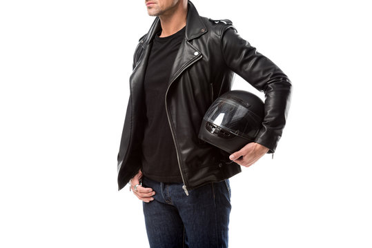 Cropped View Of Man In Leather Jacket Holding Motorcycle Helmet Isolated On White