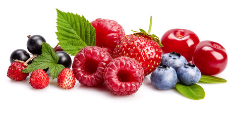 Set fresh berry. Mix summery fruit raspberry strawberry currant - obrazy, fototapety, plakaty