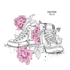 Floral background of peonies and shoes. Drawn sneakers in beautiful colors. Delicate print for women's clothing, notebooks and more. Vector illustration - 237008624
