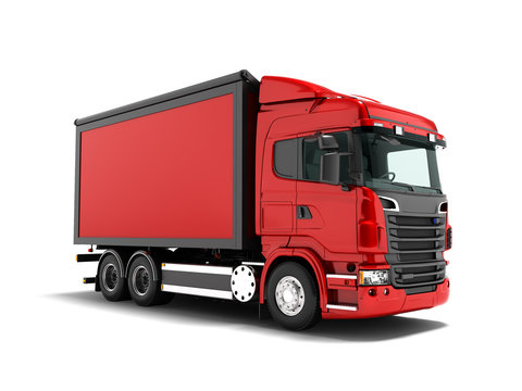 Large red truck for the transport of goods around the city isolated 3d render on white background with shadow