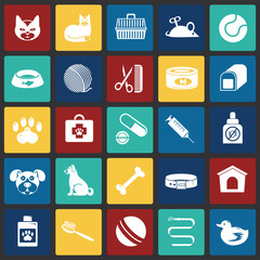 Pet icons set on color squares background for graphic and web design, Modern simple vector sign. Internet concept. Trendy symbol for website design web button or mobile app