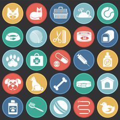 Fototapeta premium Pet icons set on color circles black background for graphic and web design, Modern simple vector sign. Internet concept. Trendy symbol for website design web button or mobile app