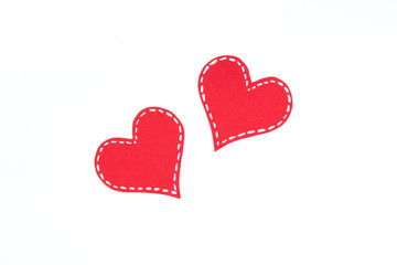 Red paper hearts isolated on white background. Valentine's Day. Copy space. Top view.
