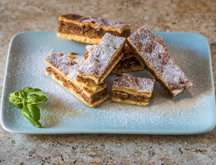 Slices of cake on blue plate with powdered sugar. Apple cake on plate