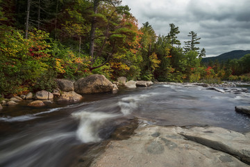 River running among stony shores in the forest.  Franconia Notch State Park. USA. New Hampshire.
