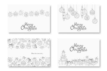 Collection of vector hand drawn Merry Christmas cards. Winter holiday white backgrounds with calligraphy lettering