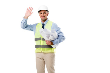 smiling engineer holding blueprints and waving isolated on white