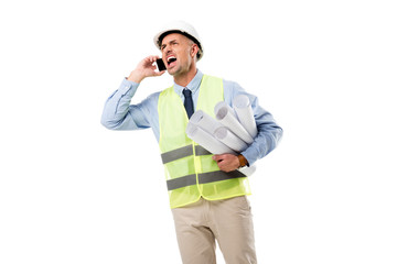 Fototapeta premium angry engineer holding blueprints, talking on smartphone and yelling isolated on white
