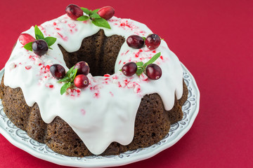 Homemade chocolate cake decorated for Christmas.