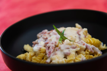tasty Carbonara pasta on the table