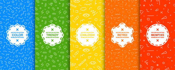 Collection of bright colorful seamless patterns - memphis design. Trendy vibrant vector backgrounds. Fashion style 80-90s