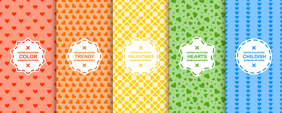 Set of vector colorful seamless patterns with hearts. Cute vibrant backgrounds for Valentines day or any romantic design