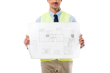 cropped view of engineer in safety vest holding blueprint isolated on white