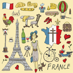 Obraz premium color illustration travel to Europe France, symbols and attractions, set of drawings, print design and web design