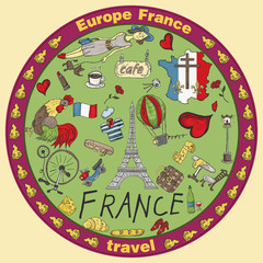 Fototapeta premium color illustration travel_5_to Europe France, symbols and attractions, set of drawings, print design and web design