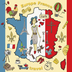Obraz premium color illustration travel_9_to Europe France, symbols and attractions, set of drawings, print design and web design