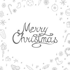 Winter holiday background with hand drawn doodle elements. Merry Christmas vector card