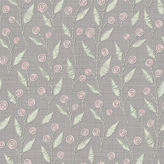  Embroidery floral seamless pattern on linen cloth texture