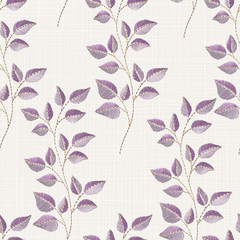 Fototapeta premium Embroidery floral seamless pattern on linen cloth texture