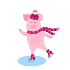 Funny pig in a hat with a bushy pompon and a scarf skating.