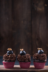 Dark chocolate cupcake on wooden board