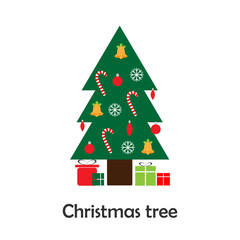 Xmas tree in cartoon style, christmas card for kid, preschool activity for children, vector illustration