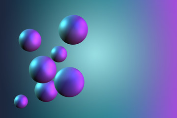 Multicolored decorative balls  flying on abstract futuristic background in empty space. Blue, green, fuchsia color, 3d render.