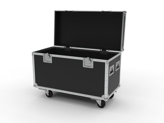 Black opened simple flight case on white background. 3D render