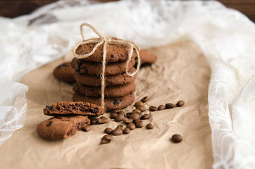 coffee cookies with chocolate and grains of coffee