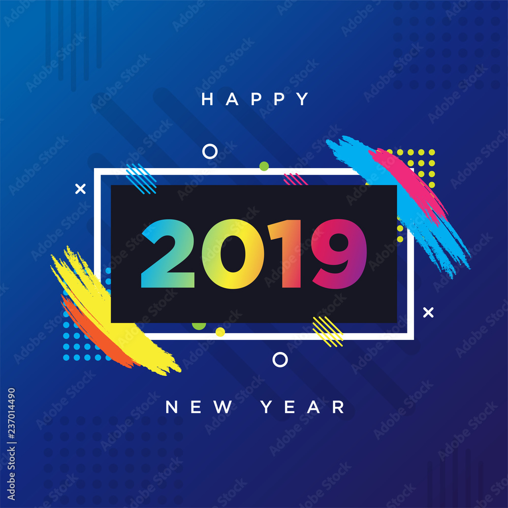 Aufkleber happy new year 2019 card theme. vector background frame for text modern art graphics for hipsters.