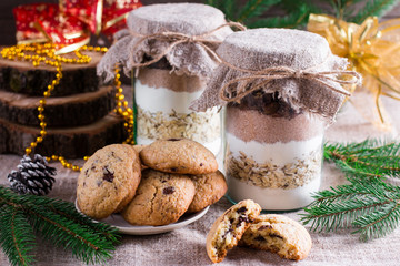 Chocolate chips cookie mix in glass jar
