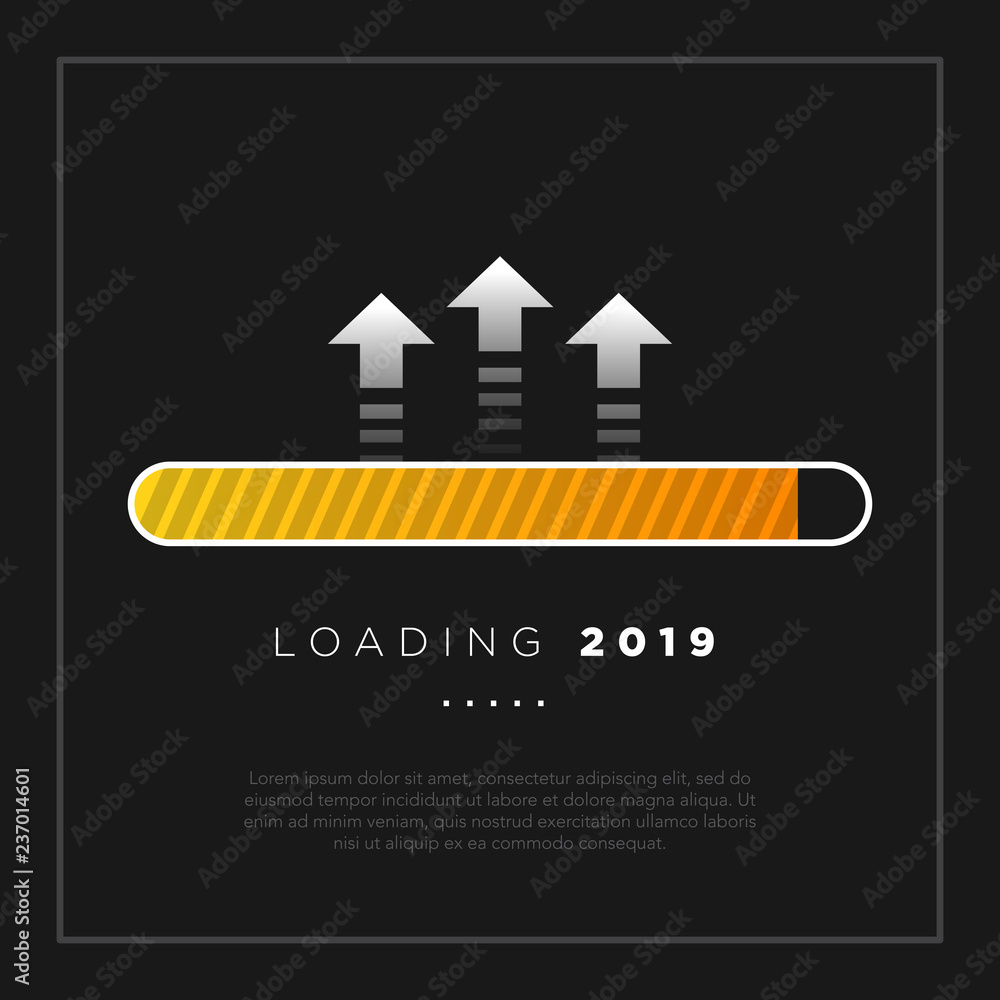 Poster happy new year 2019 card theme. yellow loading time button with arrow on black background