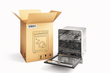 Shopping, purchase and delivery concept, cardboard box package and dishwasher machine isolated on...